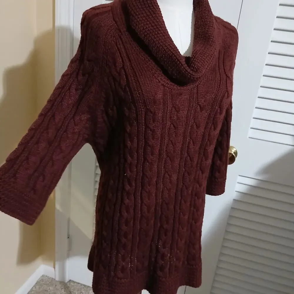 Coldwater Creek L (14/16) Maroon Cable Knit Cowl Neck Wool Blend Tunic Sweater